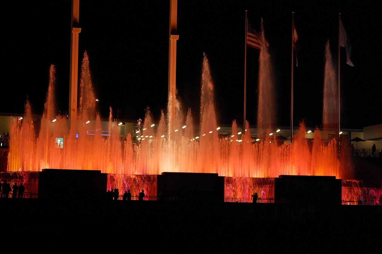 The fountains at Kauffman Stadium lit up before fireworks