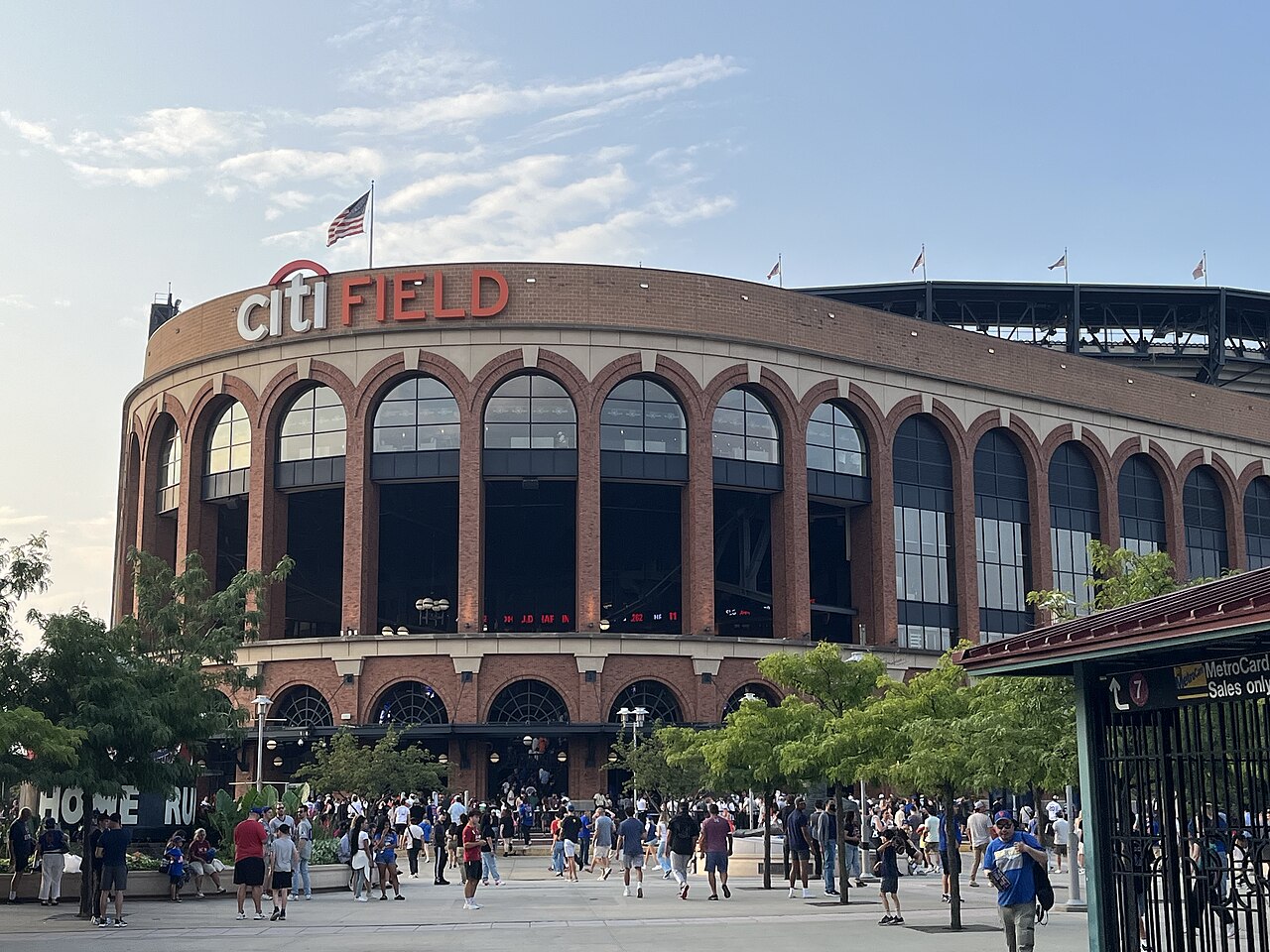 A Major League Baseball stadium seen from outside on a game day
