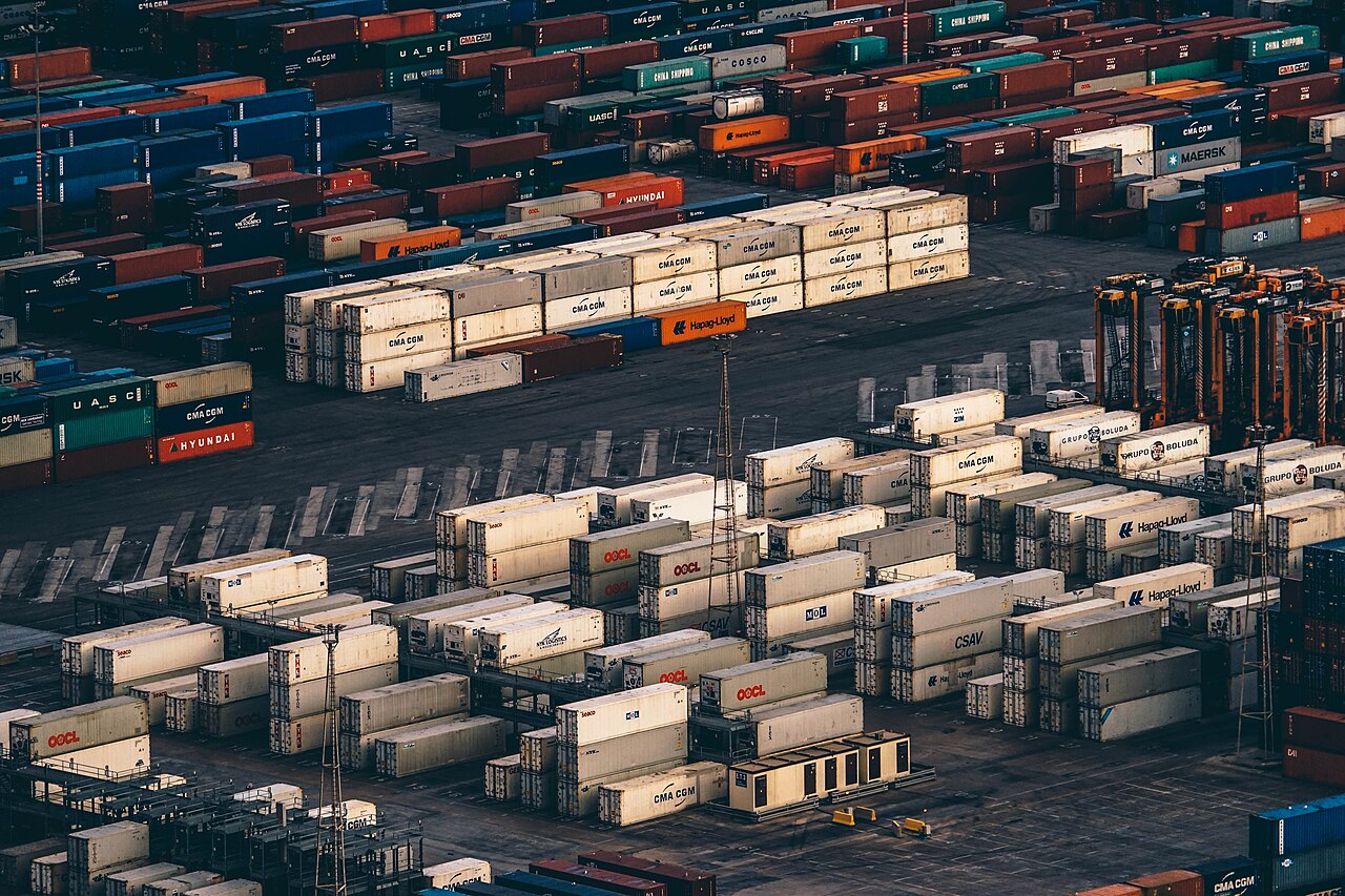 Stacked shipping containers at a commercial port