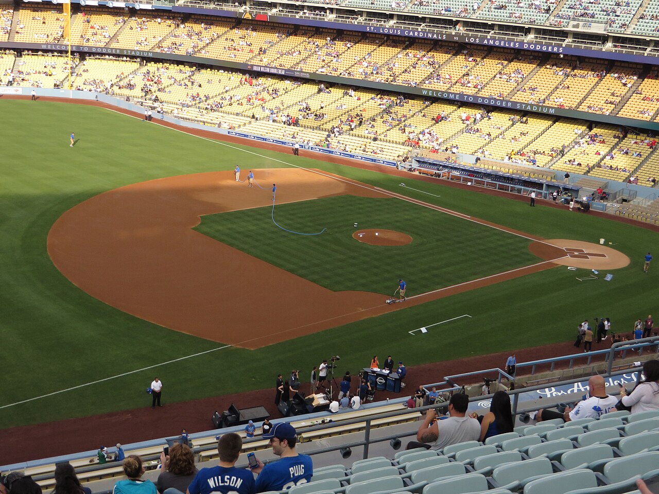 Infield and grounds crew at Dodger Stadium before a game
