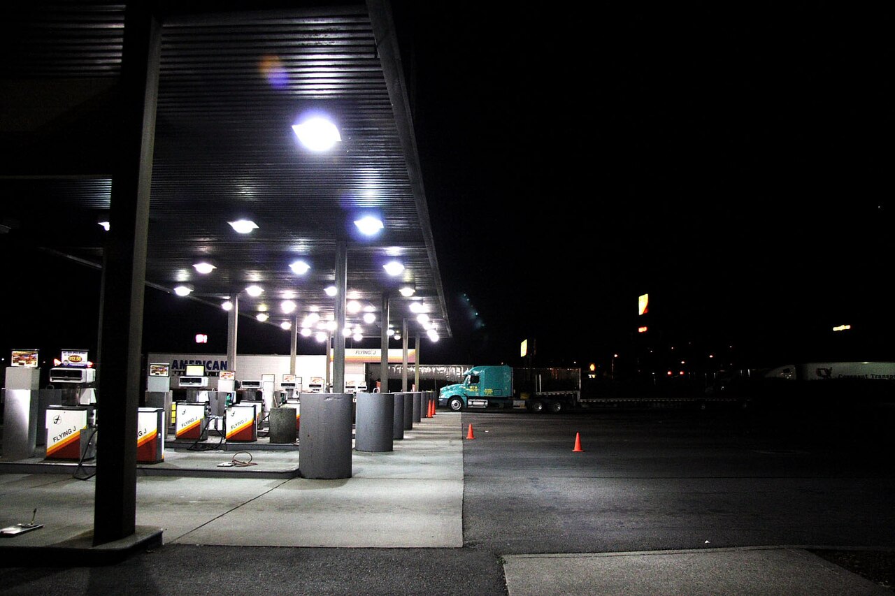 Diesel pumps at a truck stop at night