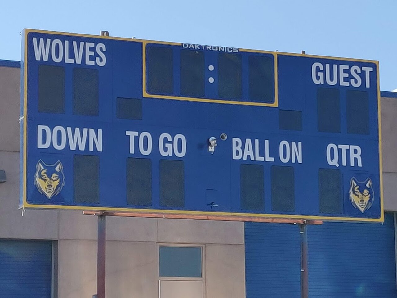 A blank football scoreboard with no score and no time on the clock