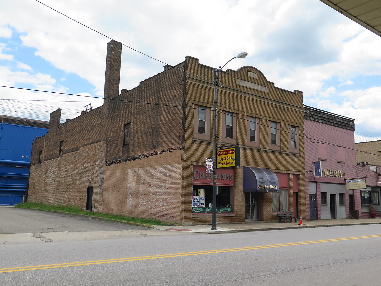 Independent liquor store on a small-town main street in Weirton, West Virginia